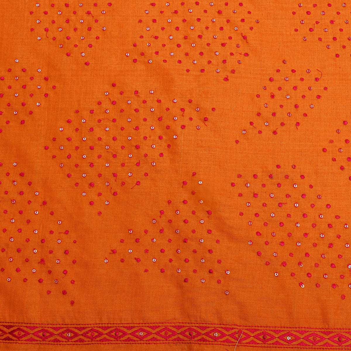 Amber Orange Geometric Thread Work Tussar Fabric