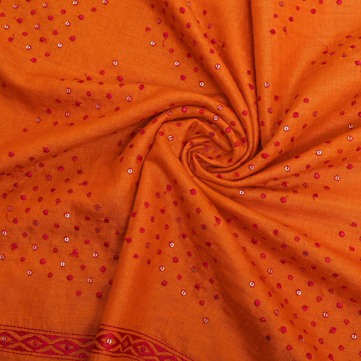 Amber Orange Geometric Thread Work Tussar Fabric