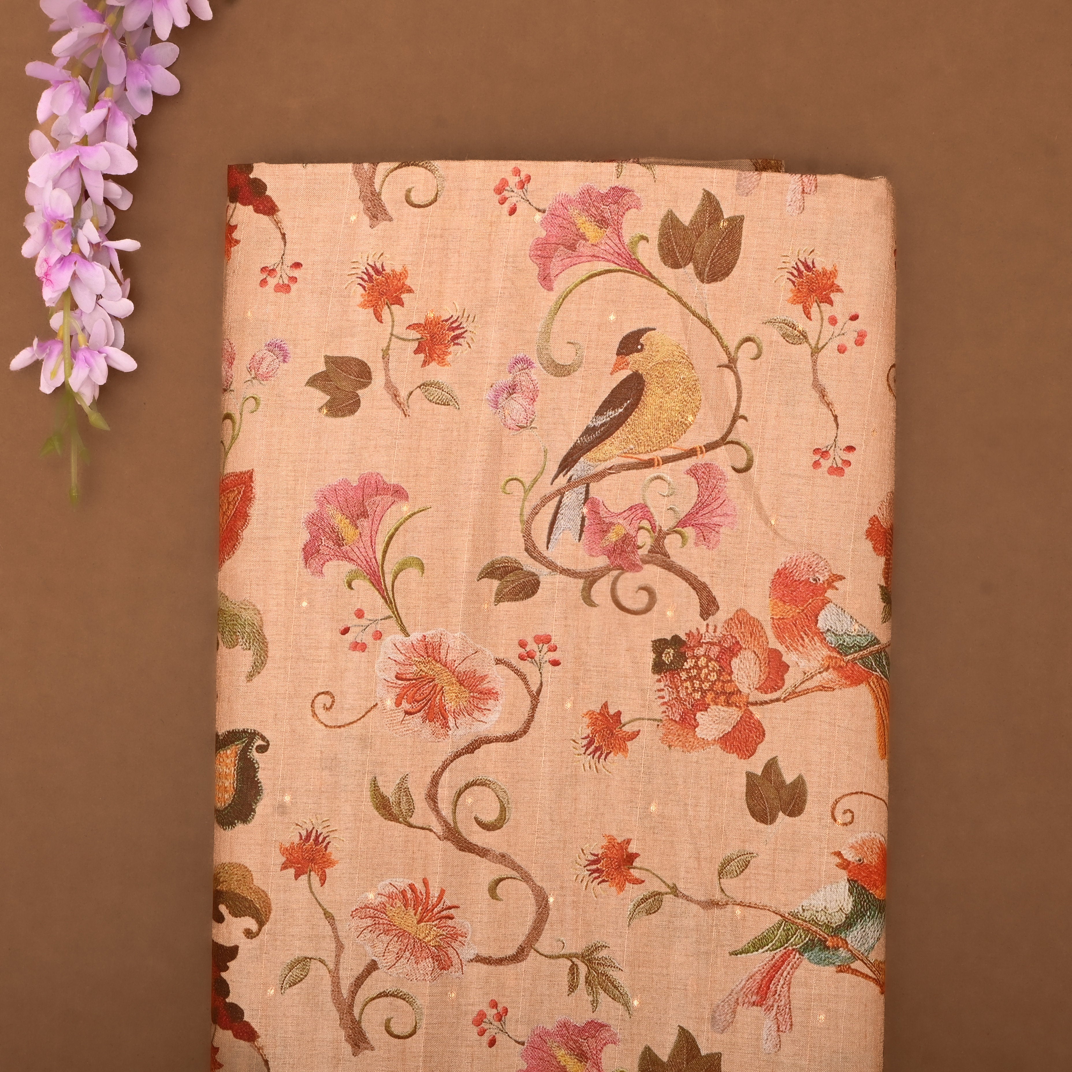 Peach Tussar Fabric With Digital Prints