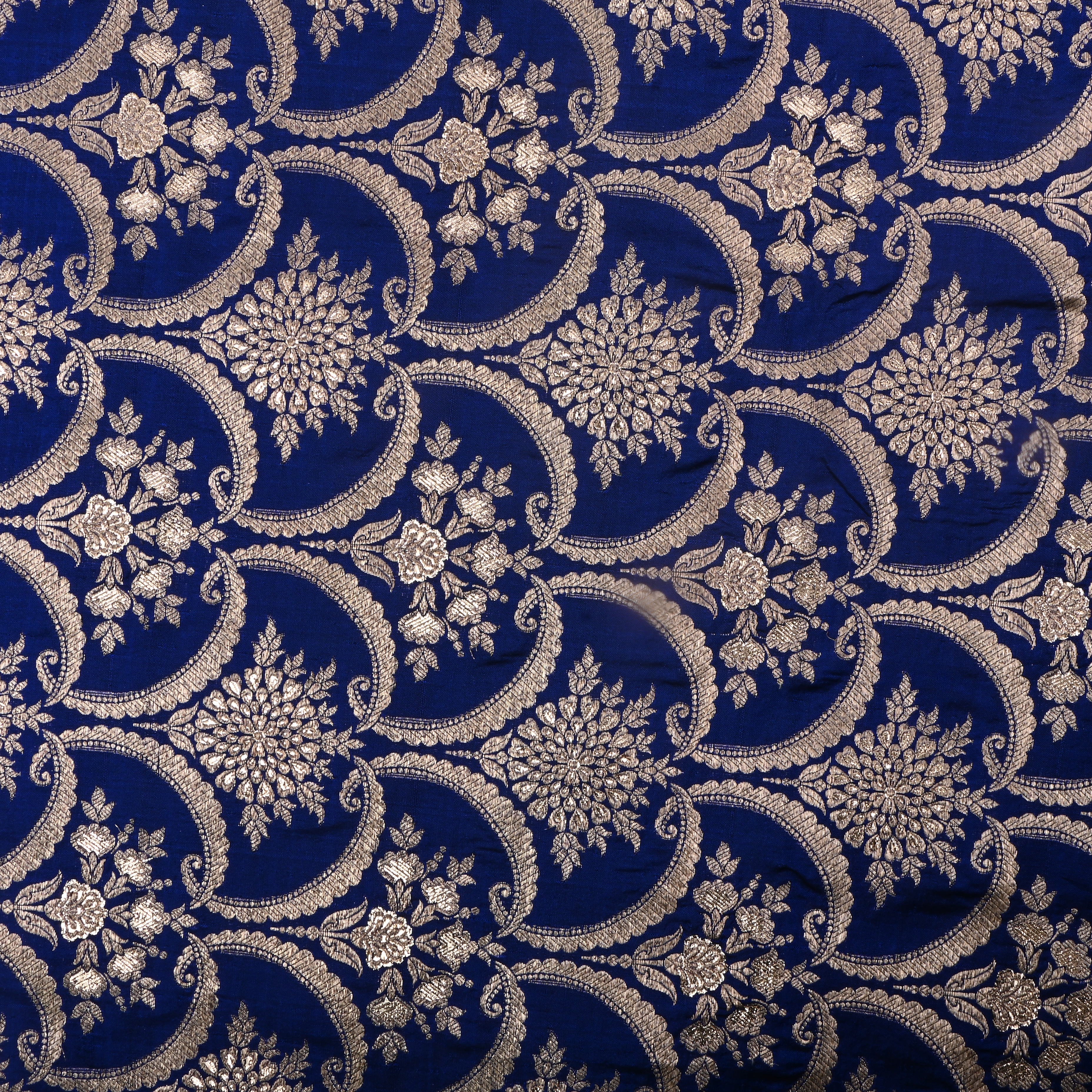Gulf Blue Jamawar Silk Fabric With Scallop Design