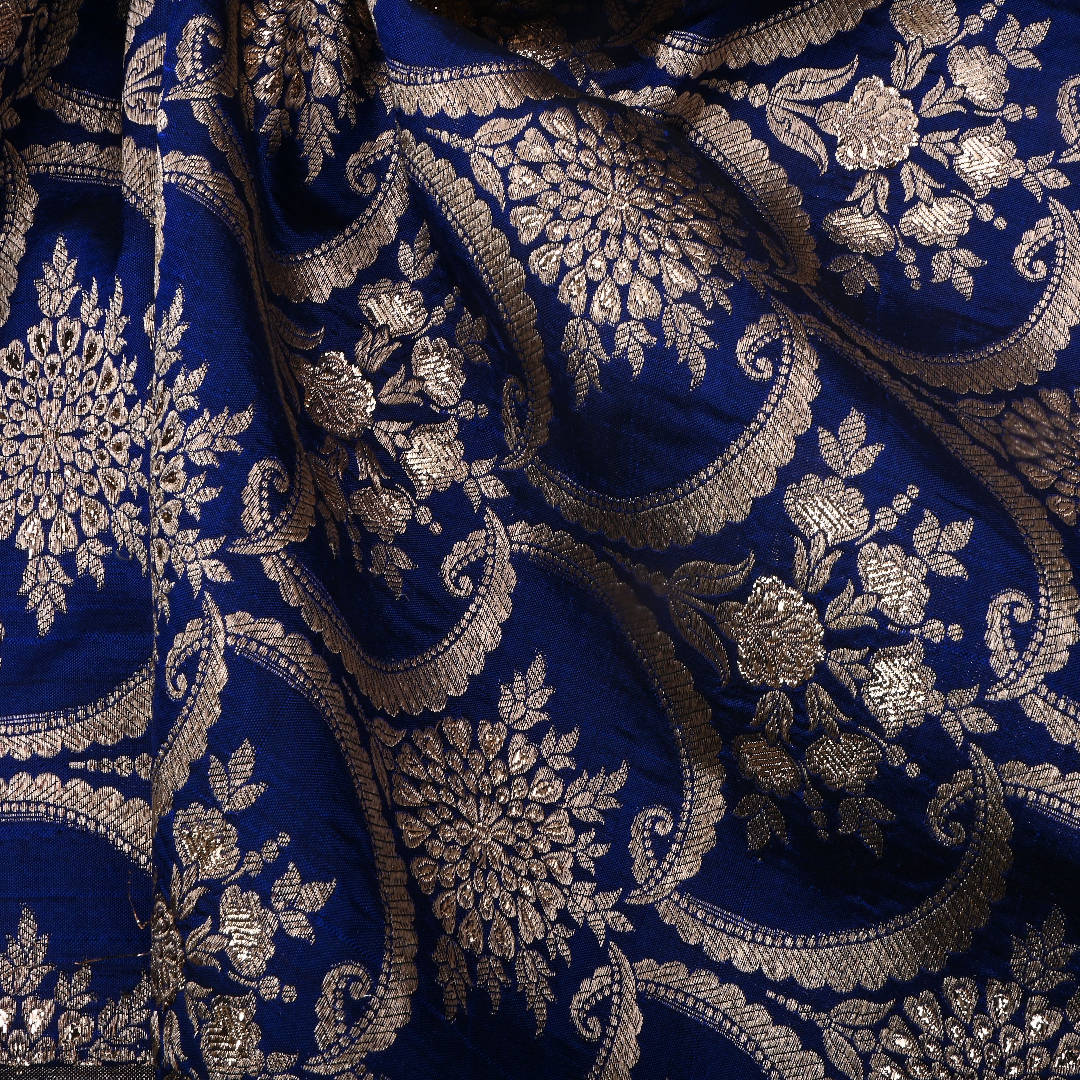 Gulf Blue Jamawar Silk Fabric With Scallop Design