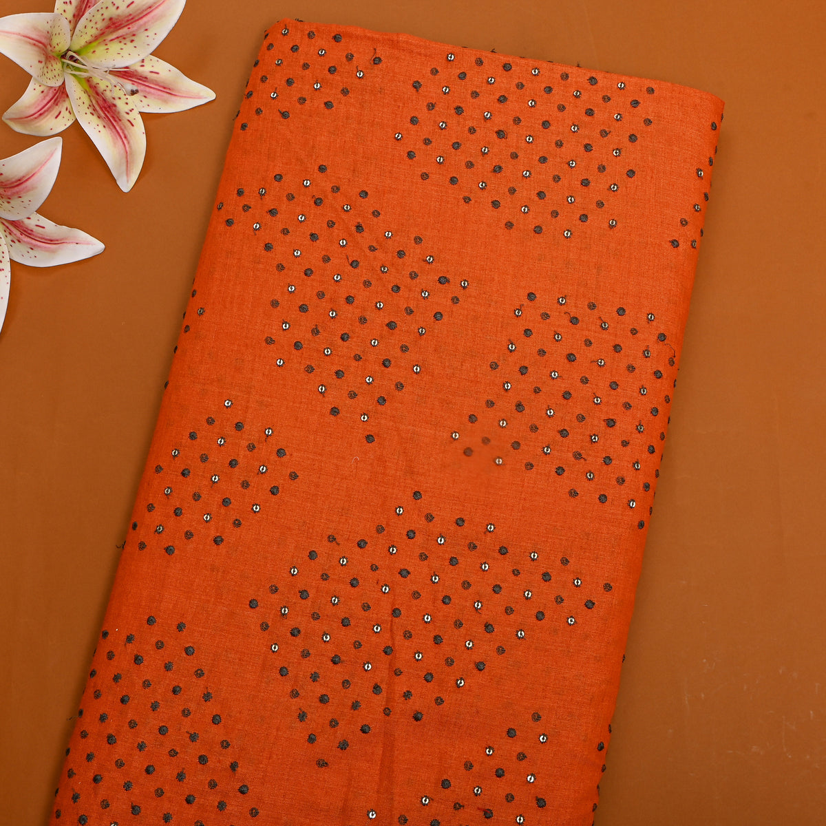 Rust Orange Geometric Thread Work Tussar Fabric