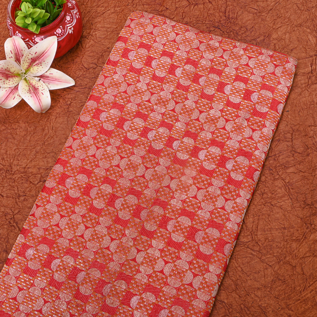 Tangerine Orange Jamawar Silk Fabric With Gold Zari Brocade
