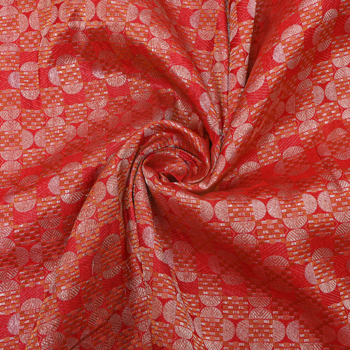 Tangerine Orange Jamawar Silk Fabric With Gold Zari Brocade