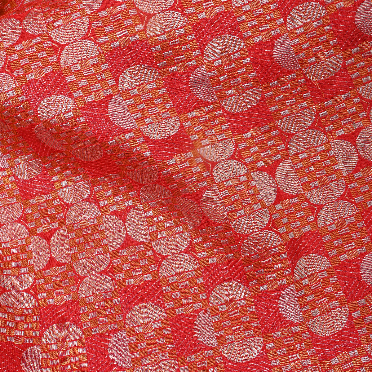 Tangerine Orange Jamawar Silk Fabric With Gold Zari Brocade