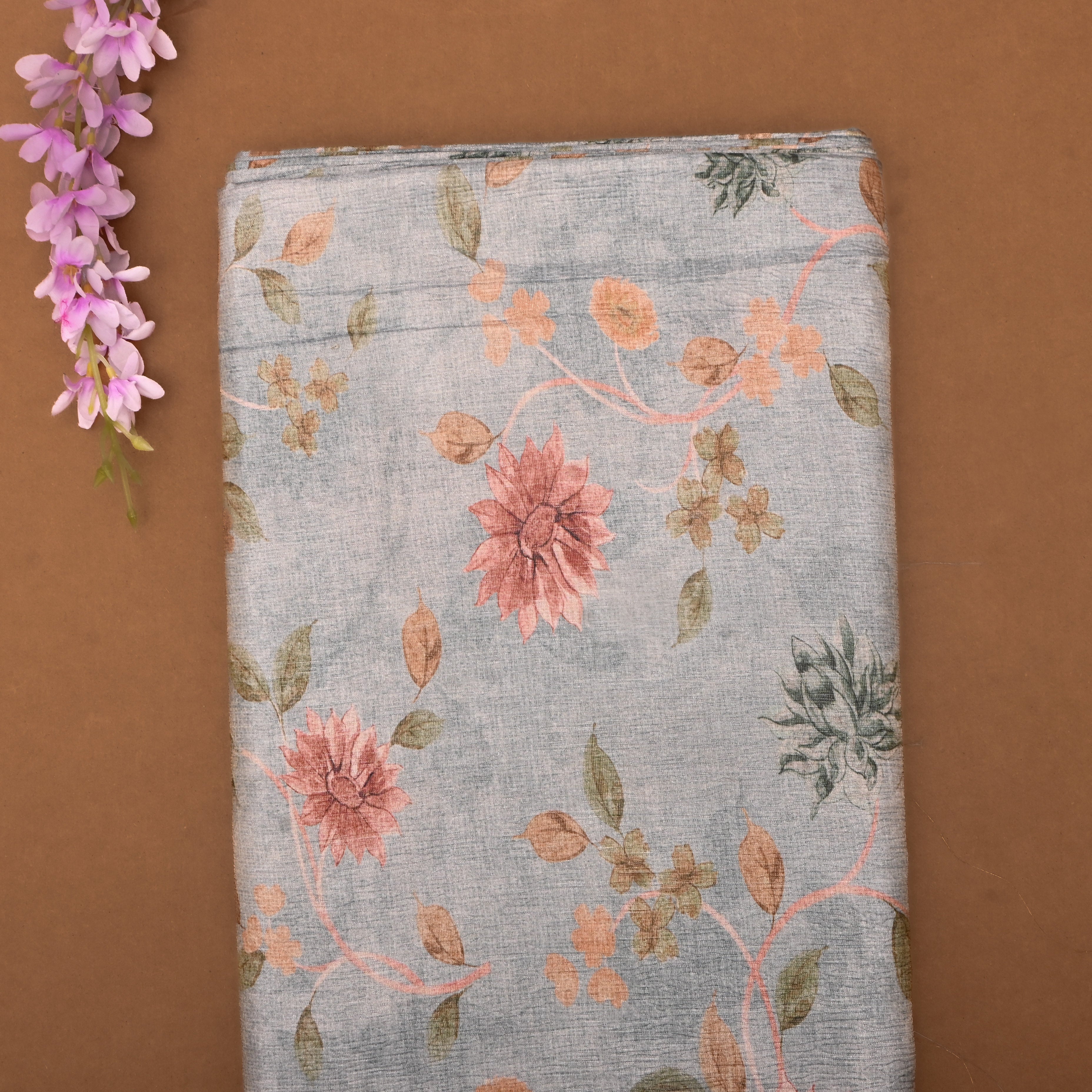 Grey Tissue Fabric With Floral Digital Prints