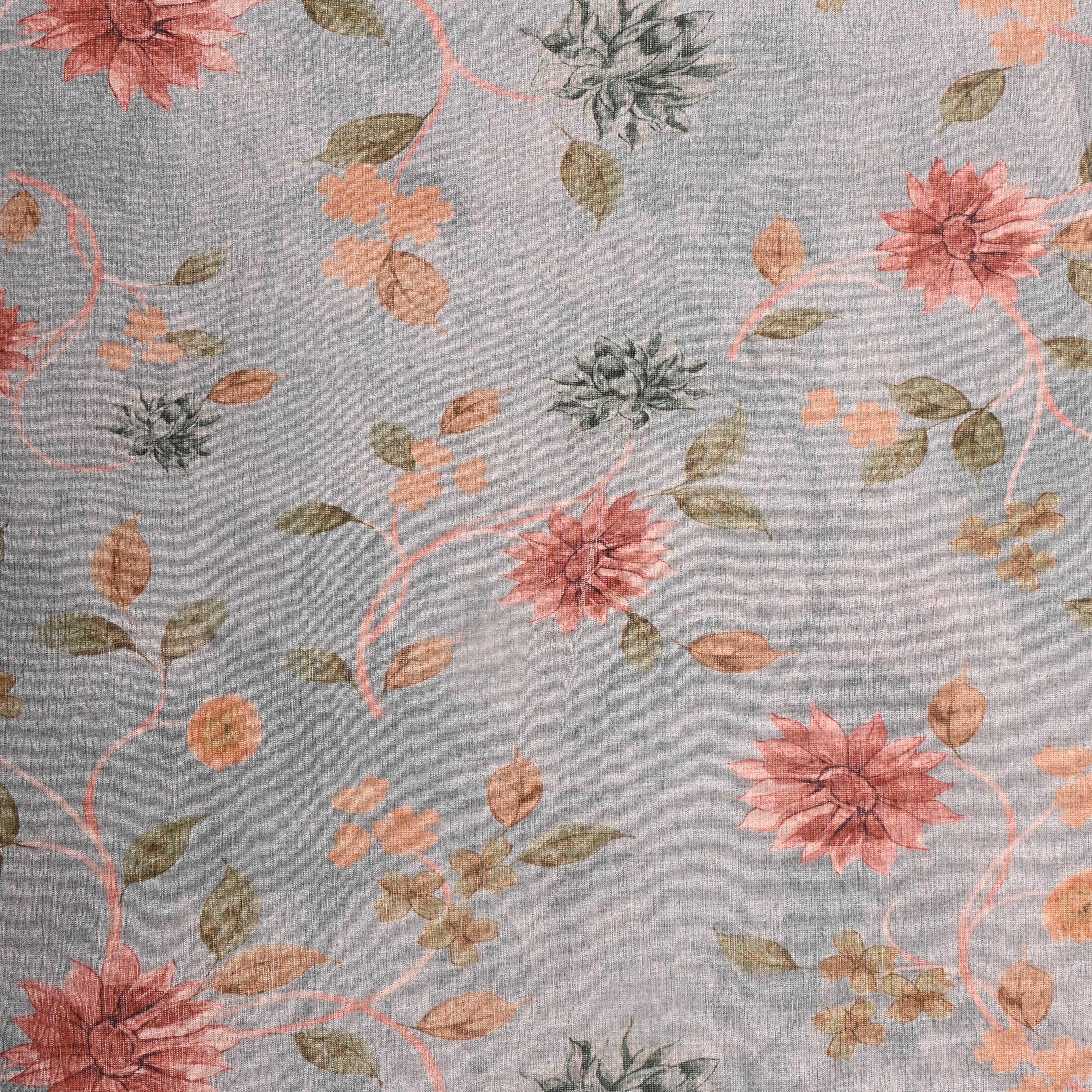 Grey Tissue Fabric With Floral Digital Prints