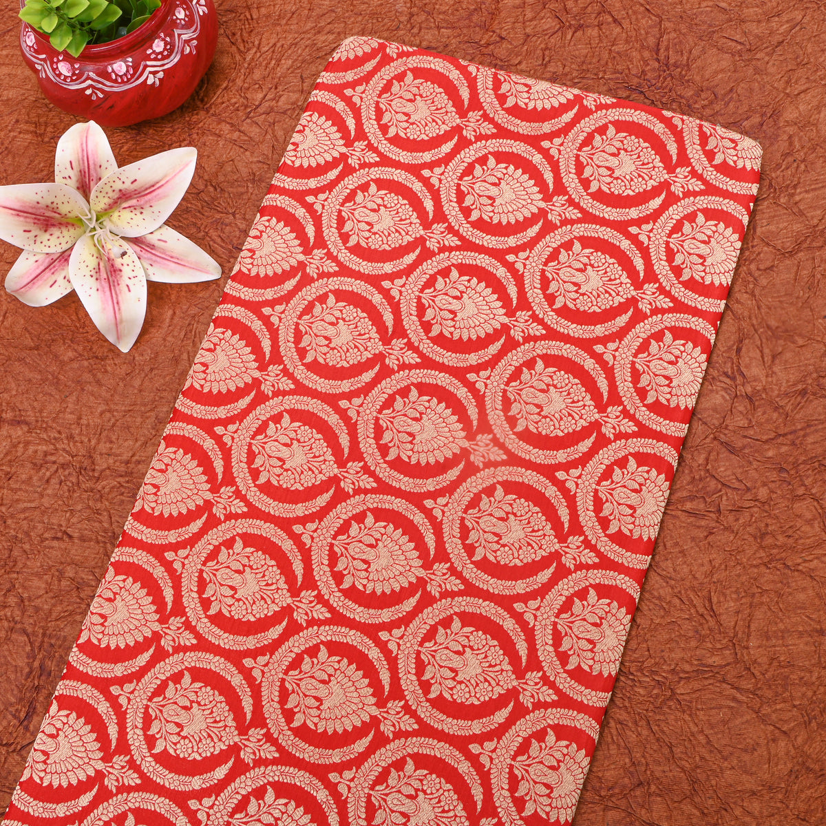 Scarlet Orange Jamawar Silk With Gold Motif Butti