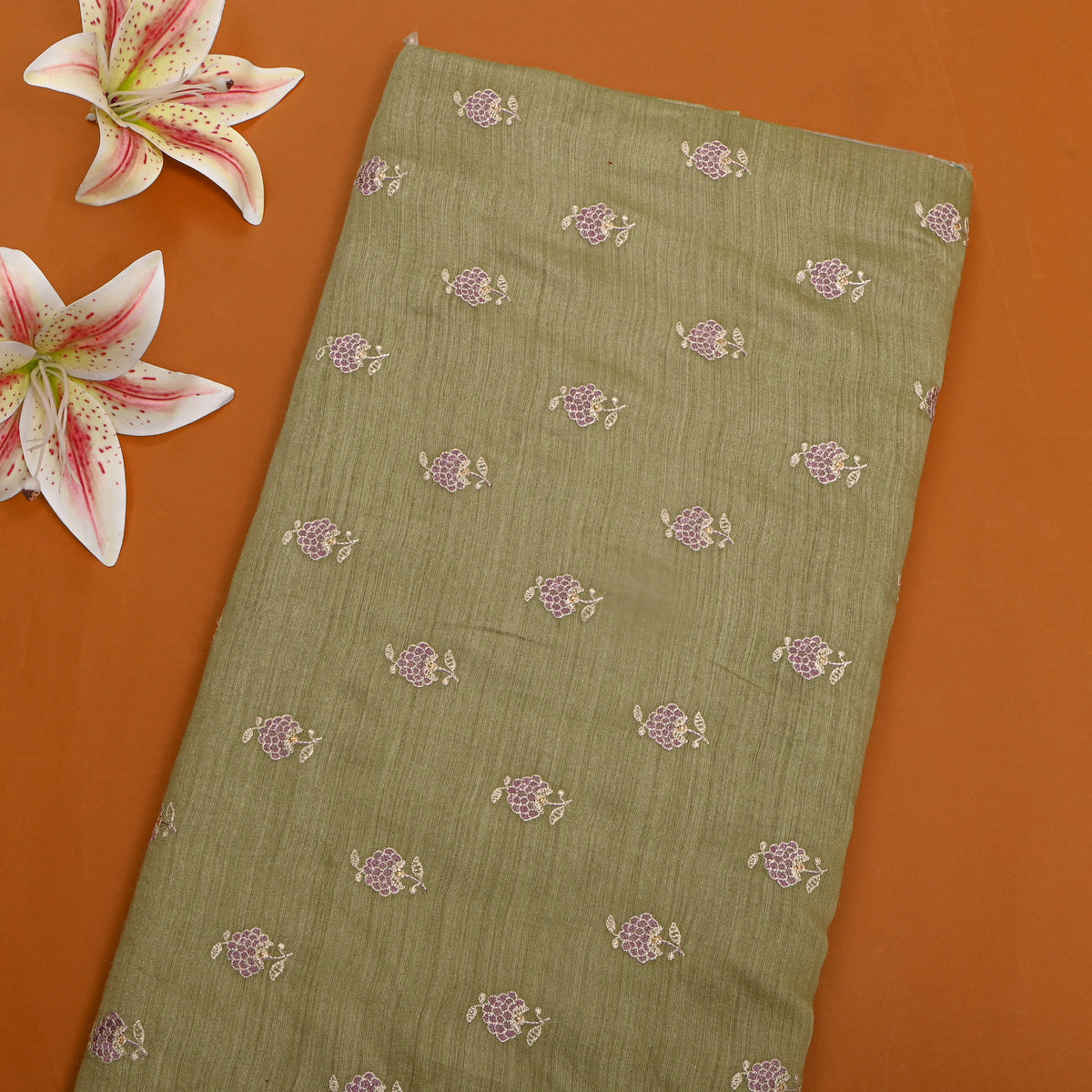 Olive Green And Purple Floral Butti Thread Work Munga Tussar Fabric