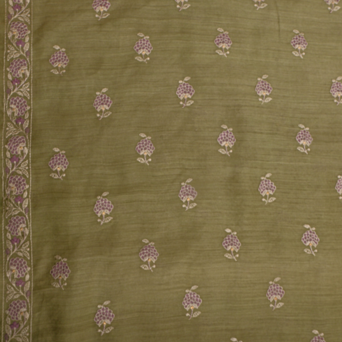 Olive Green And Purple Floral Butti Thread Work Munga Tussar Fabric