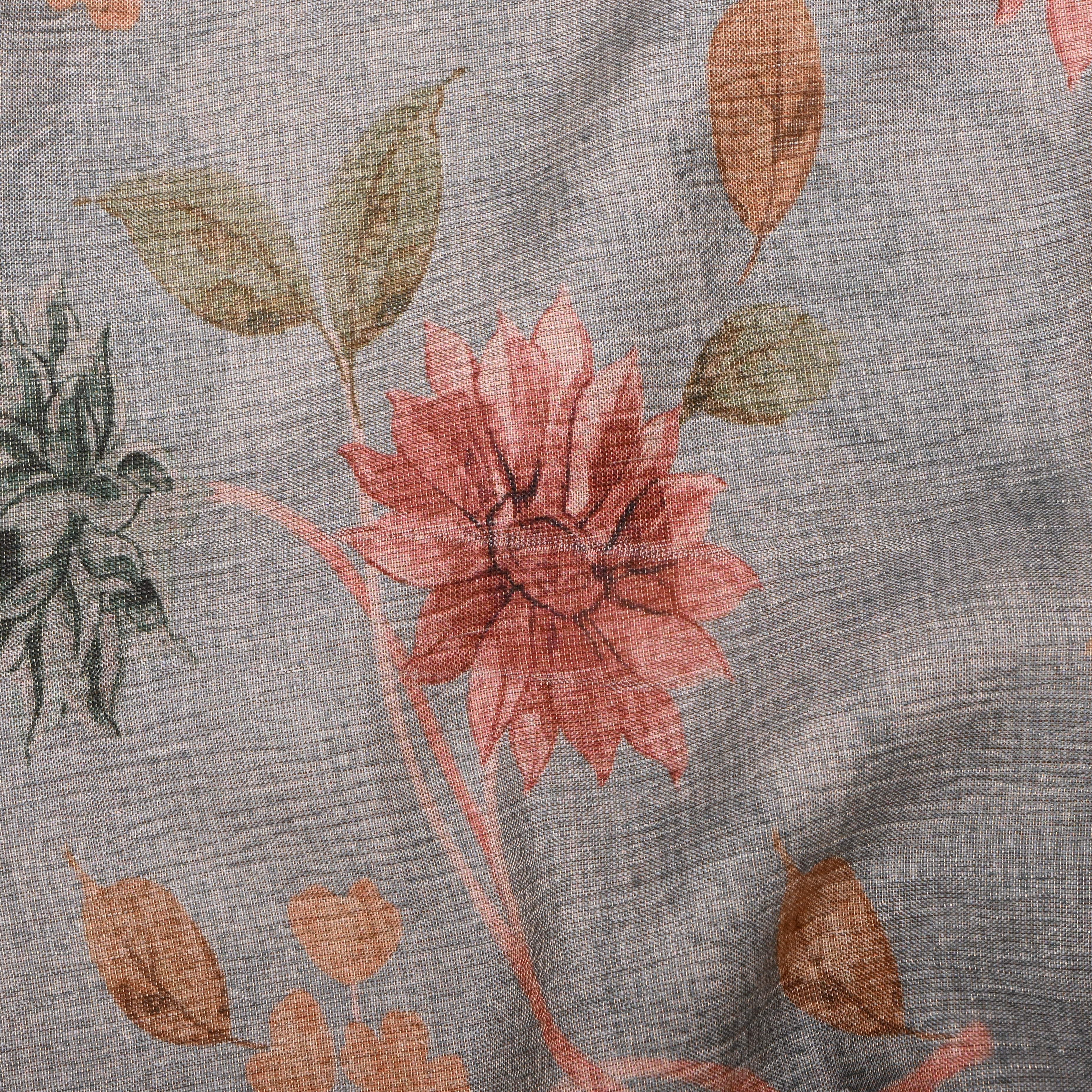 Grey Tissue Fabric With Floral Digital Prints