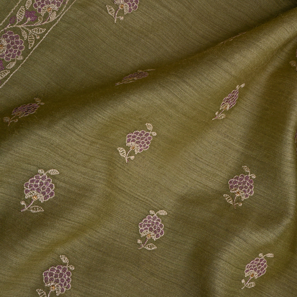Olive Green And Purple Floral Butti Thread Work Munga Tussar Fabric