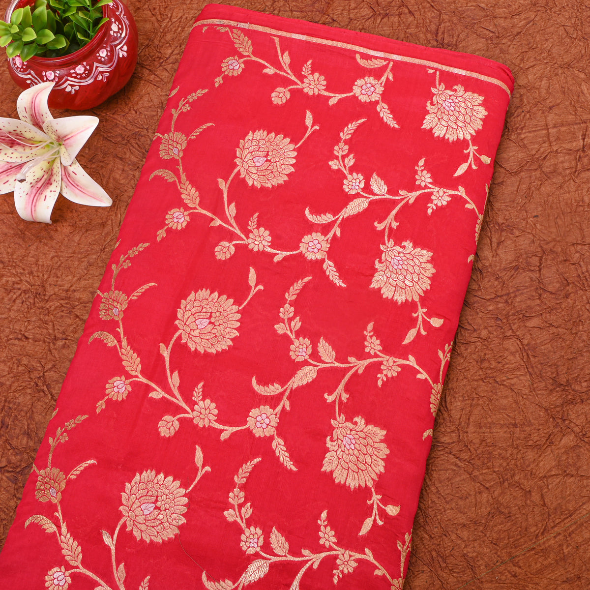 Soft Red Dual Tone Floral Jaal Banarasi Silk Fabric