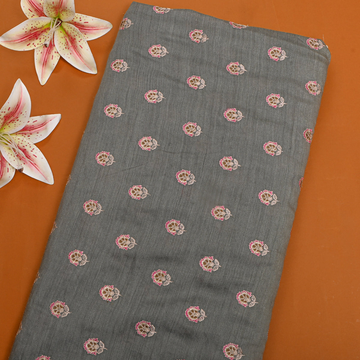 Gray Pink Floral Butti Thread Work Munga Tussar Fabric