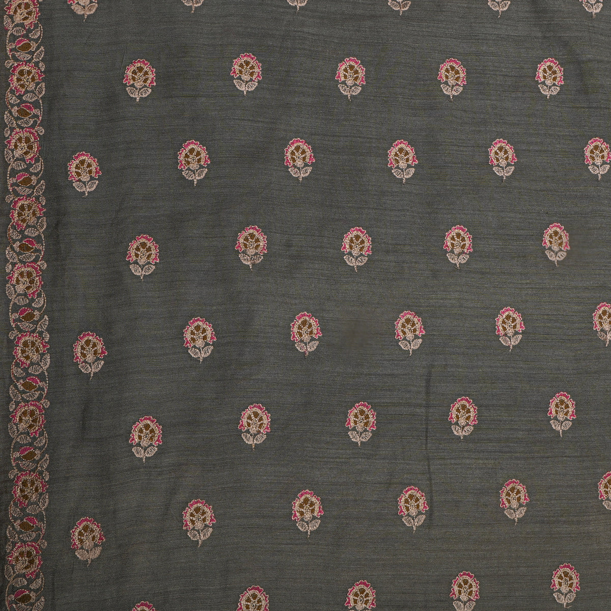 Gray Pink Floral Butti Thread Work Munga Tussar Fabric