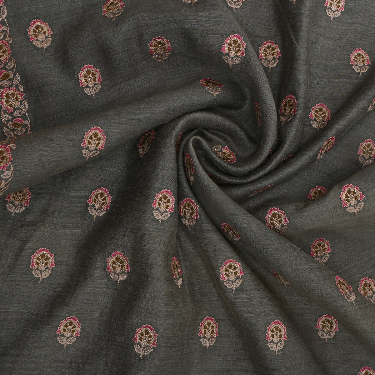 Gray Pink Floral Butti Thread Work Munga Tussar Fabric