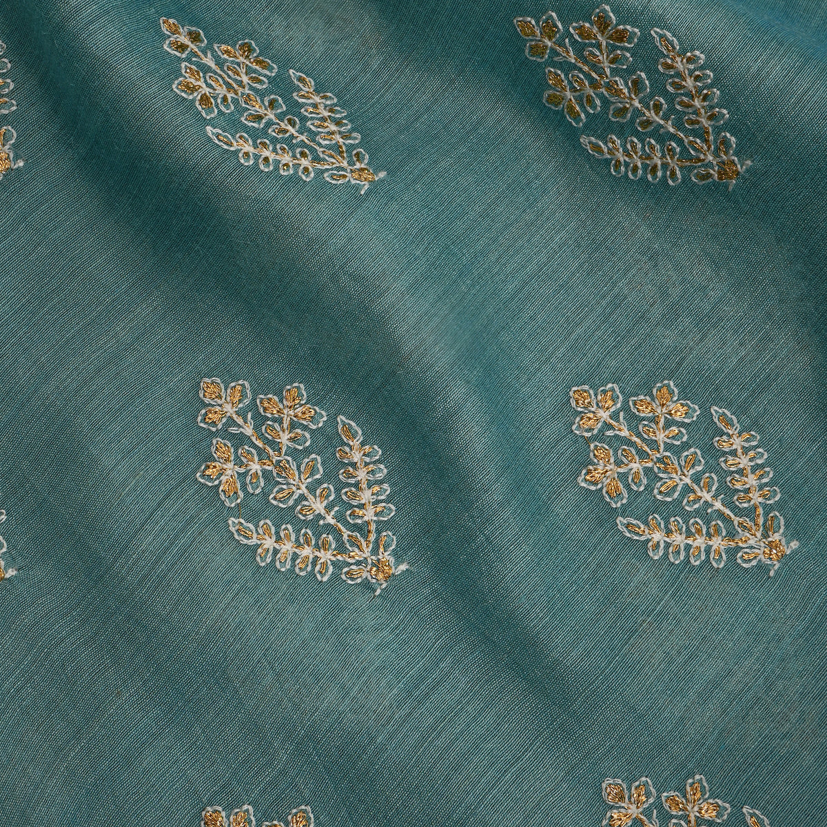 Sky Blue Gold Zari Floral Munga Tussar Fabric