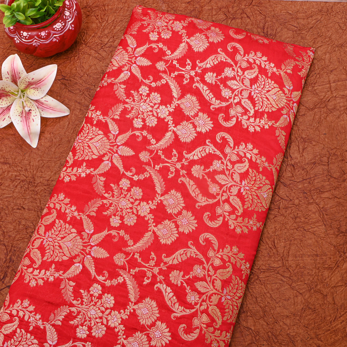 Saffron Red Dual Tone Zari Brocade Banarasi Silk Fabric