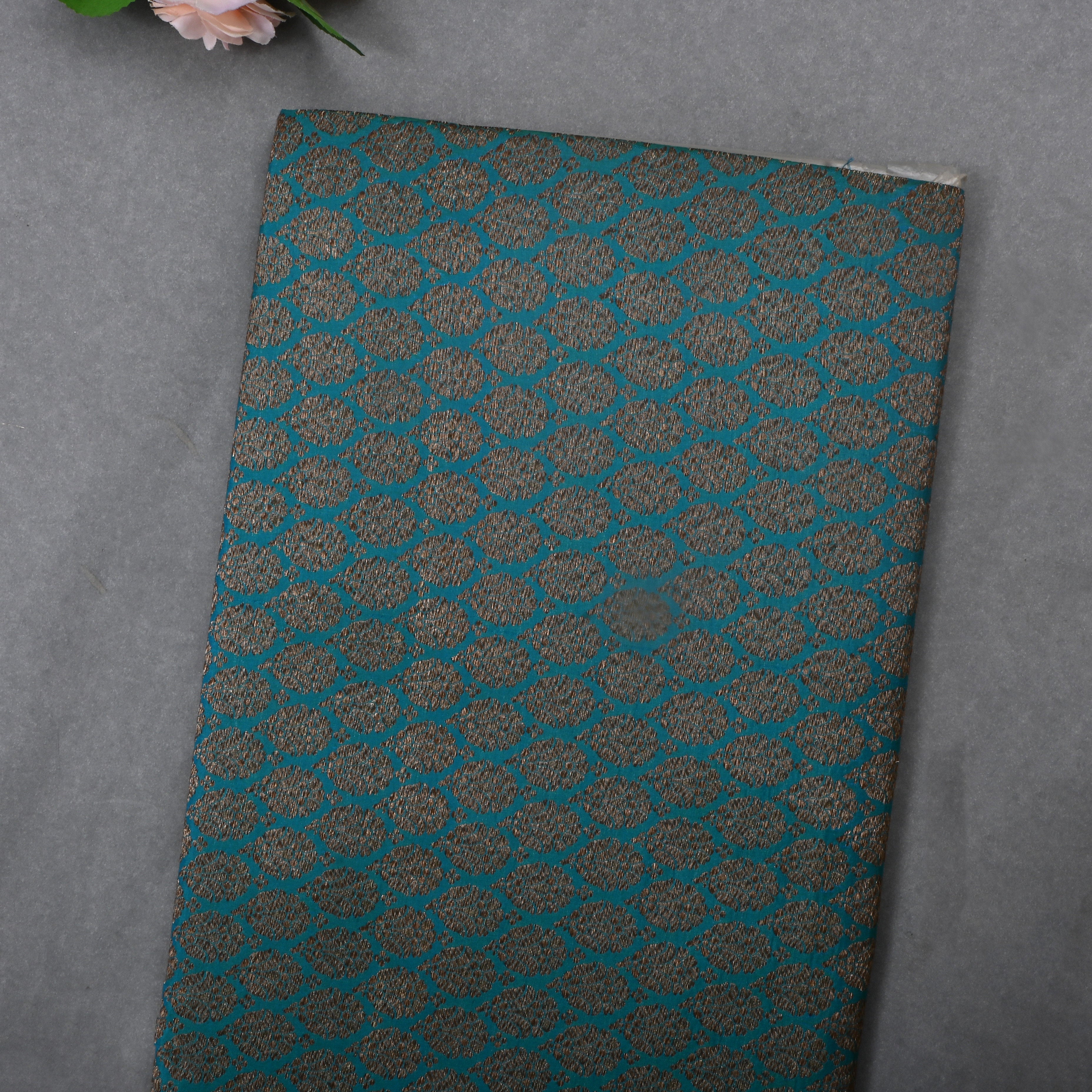 Common Teal Jamawar Silk Fabric With Brocade