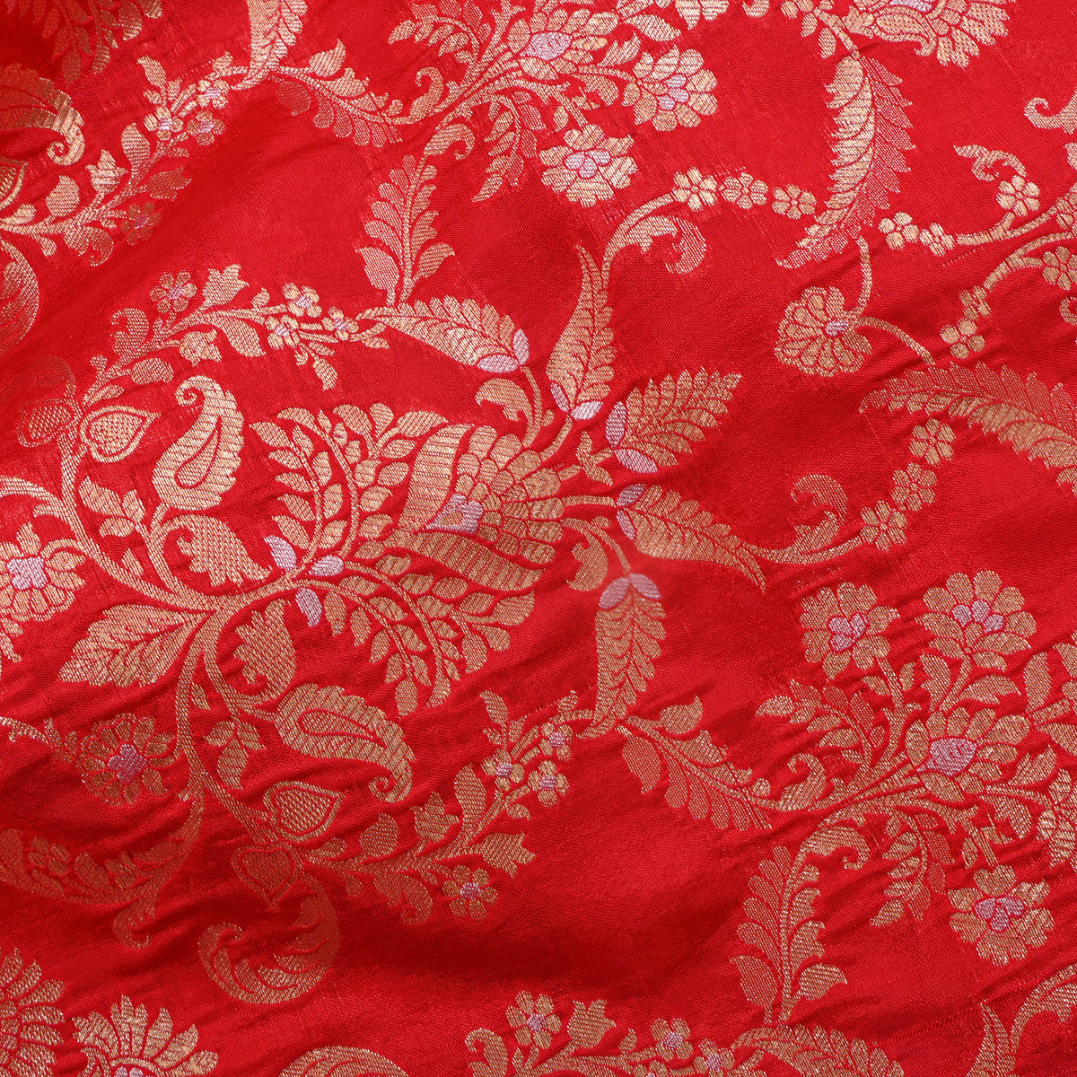Saffron Red Dual Tone Zari Brocade Banarasi Silk Fabric