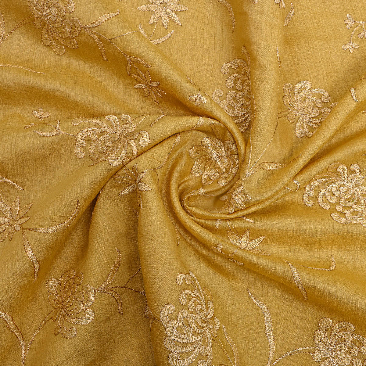 Yellow Floral Thread Work Munga Tussar Fabric