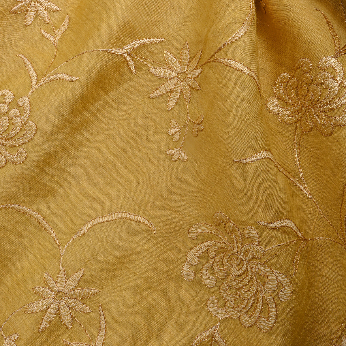 Yellow Floral Thread Work Munga Tussar Fabric