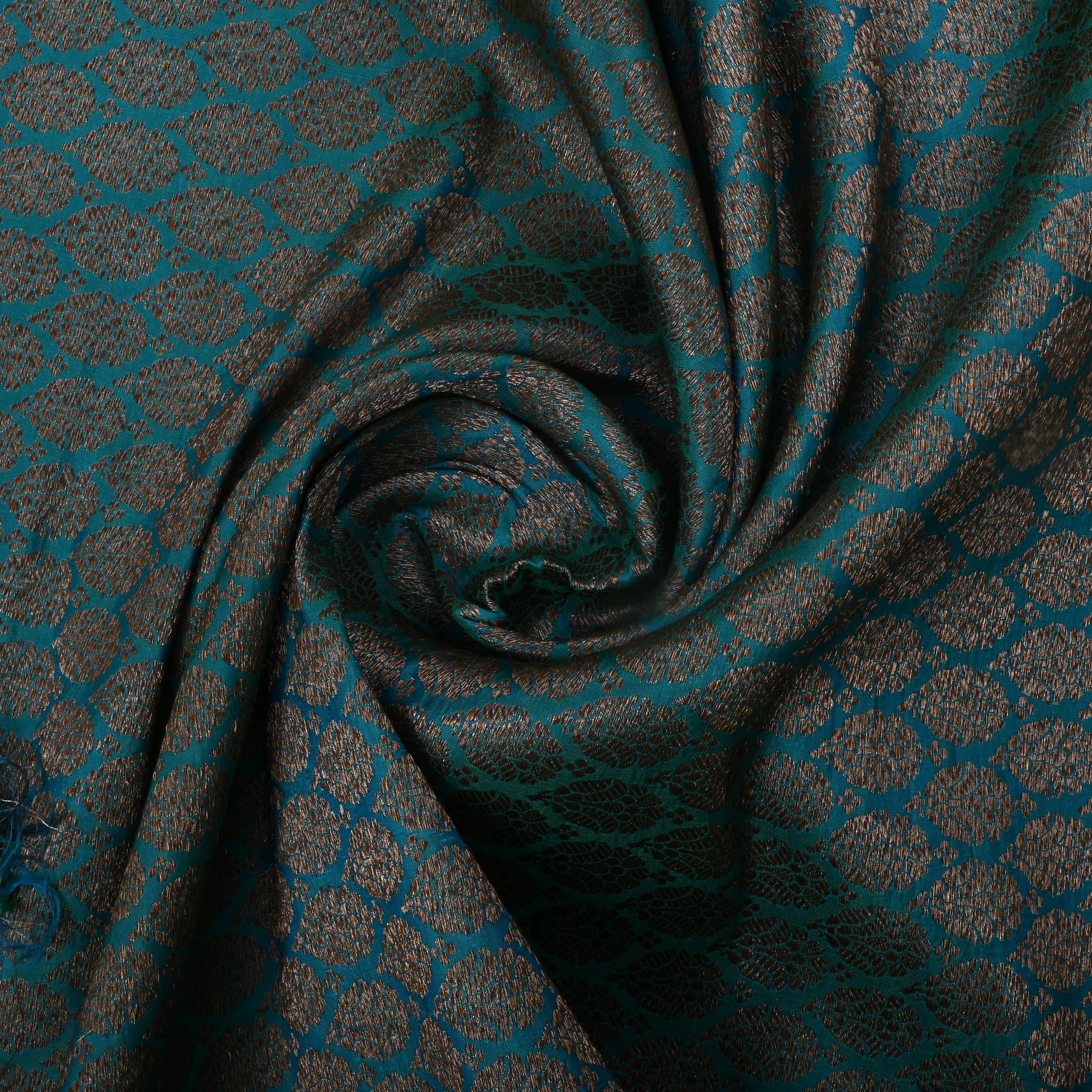 Common Teal Jamawar Silk Fabric With Brocade