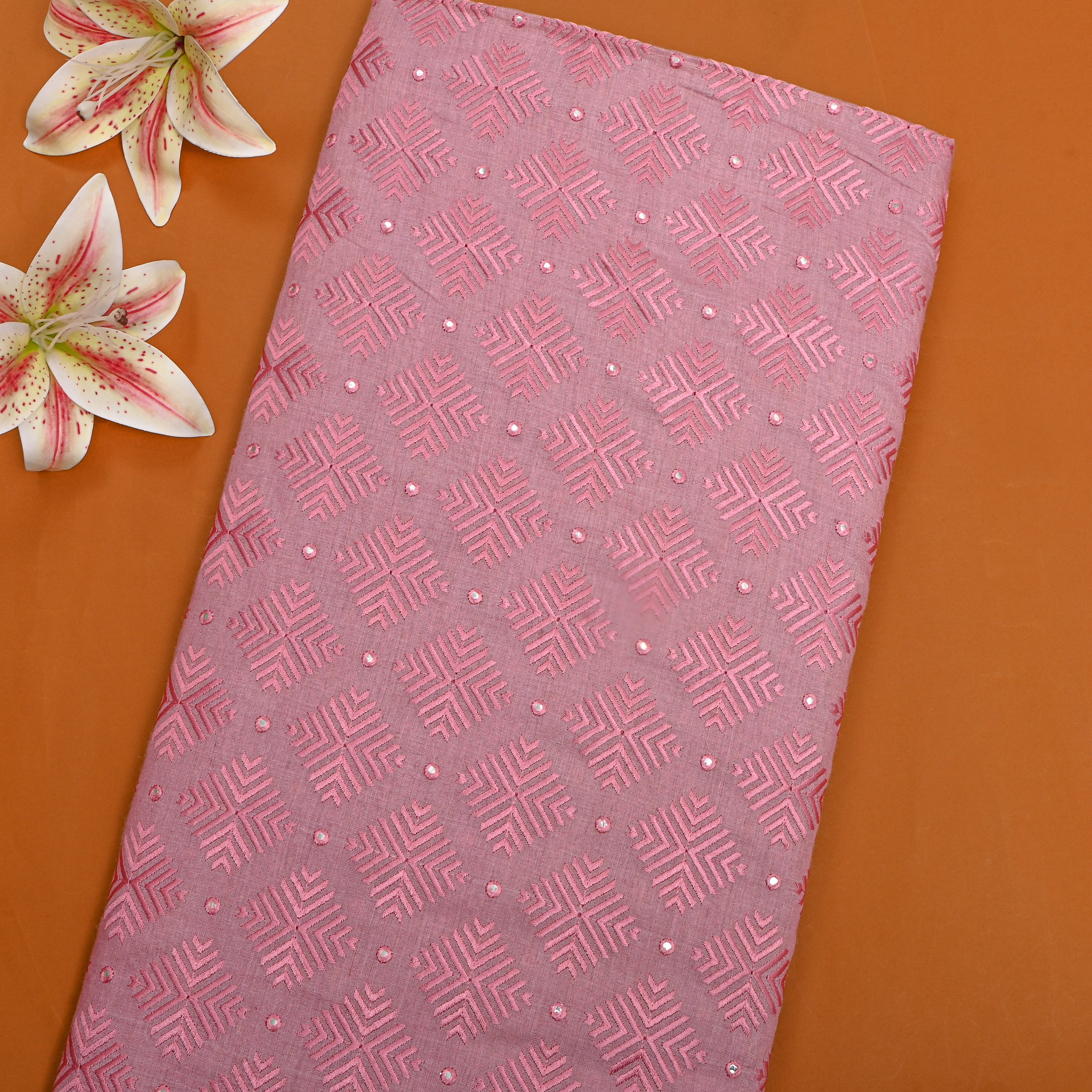 Pink Mirror Chevron Embroidered Tissue Fabric