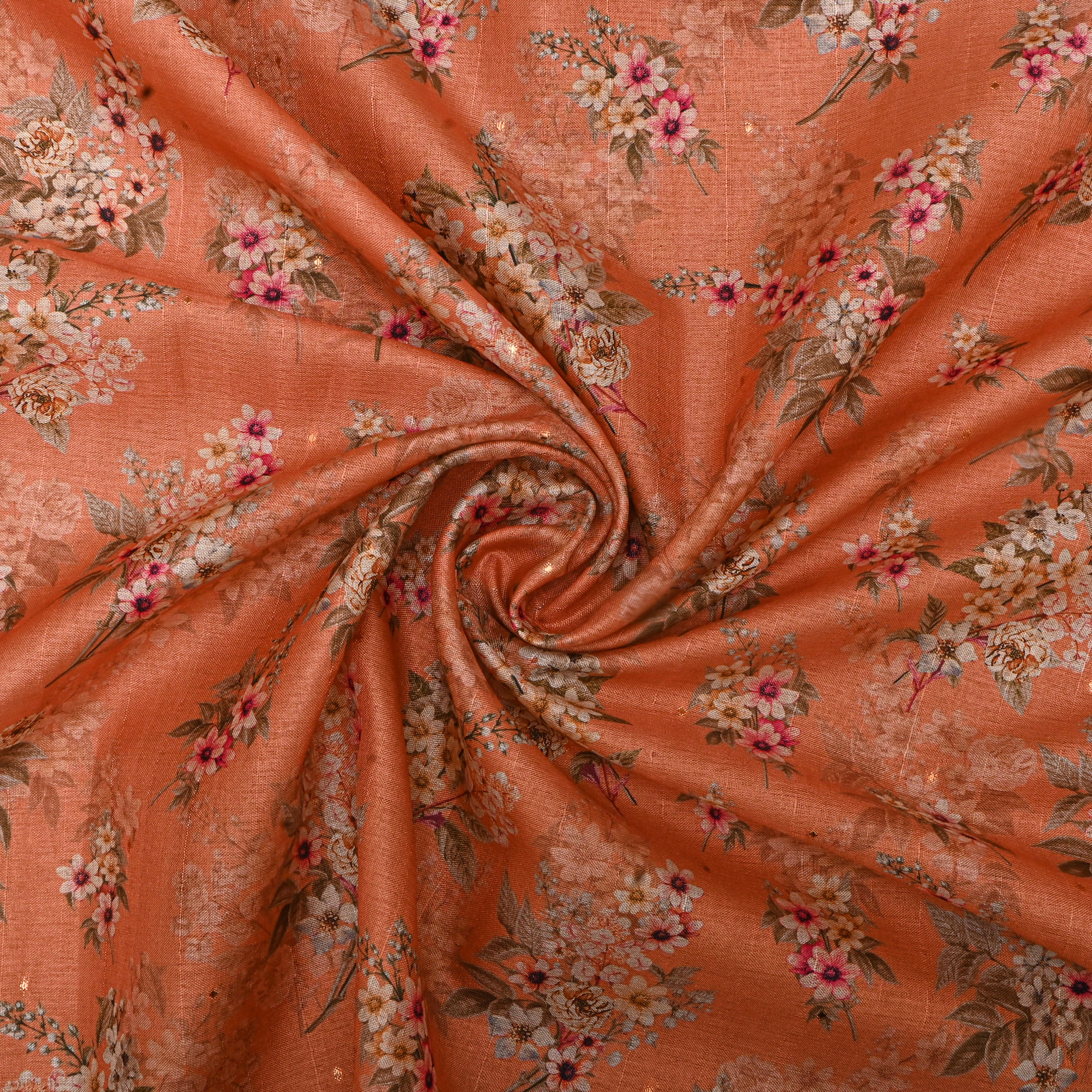 Dark Peach Tussar Fabric With Floral Prints