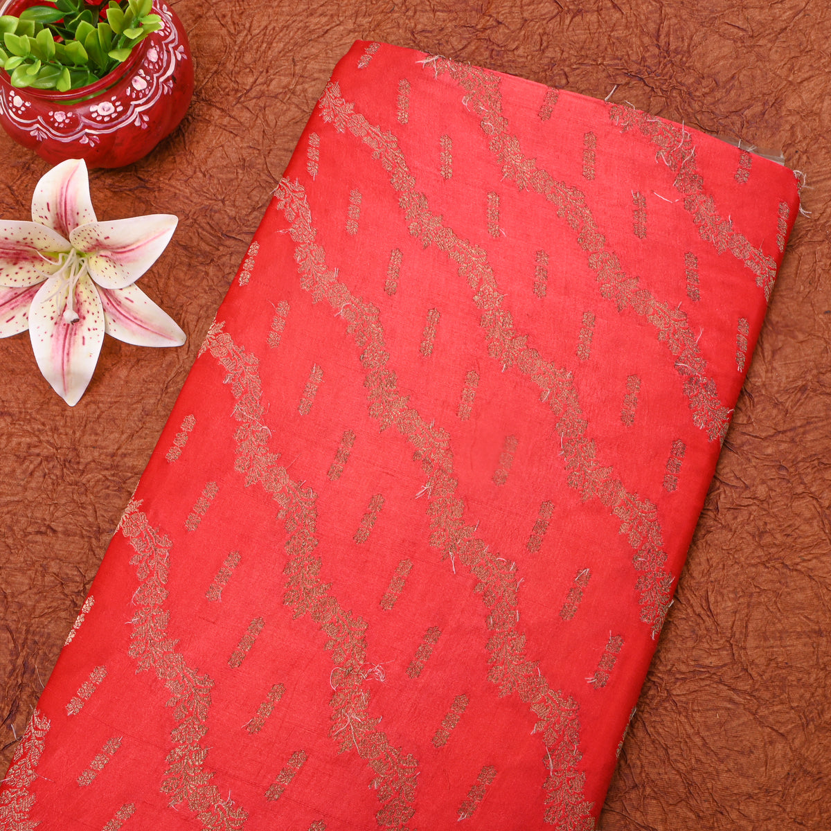 Coral Orange Gold Zari Trellis Weave Jamawar Silk Fabric