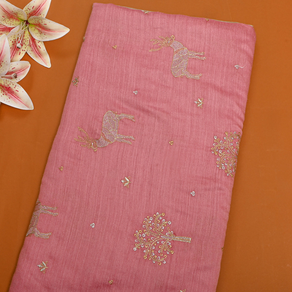 Rose Pink Gold Butti Thread Work Tussar Fabric