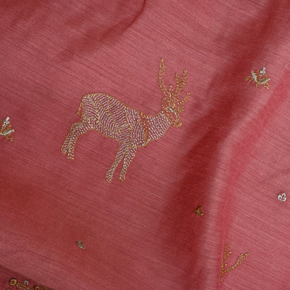 Rose Pink Gold Butti Thread Work Tussar Fabric