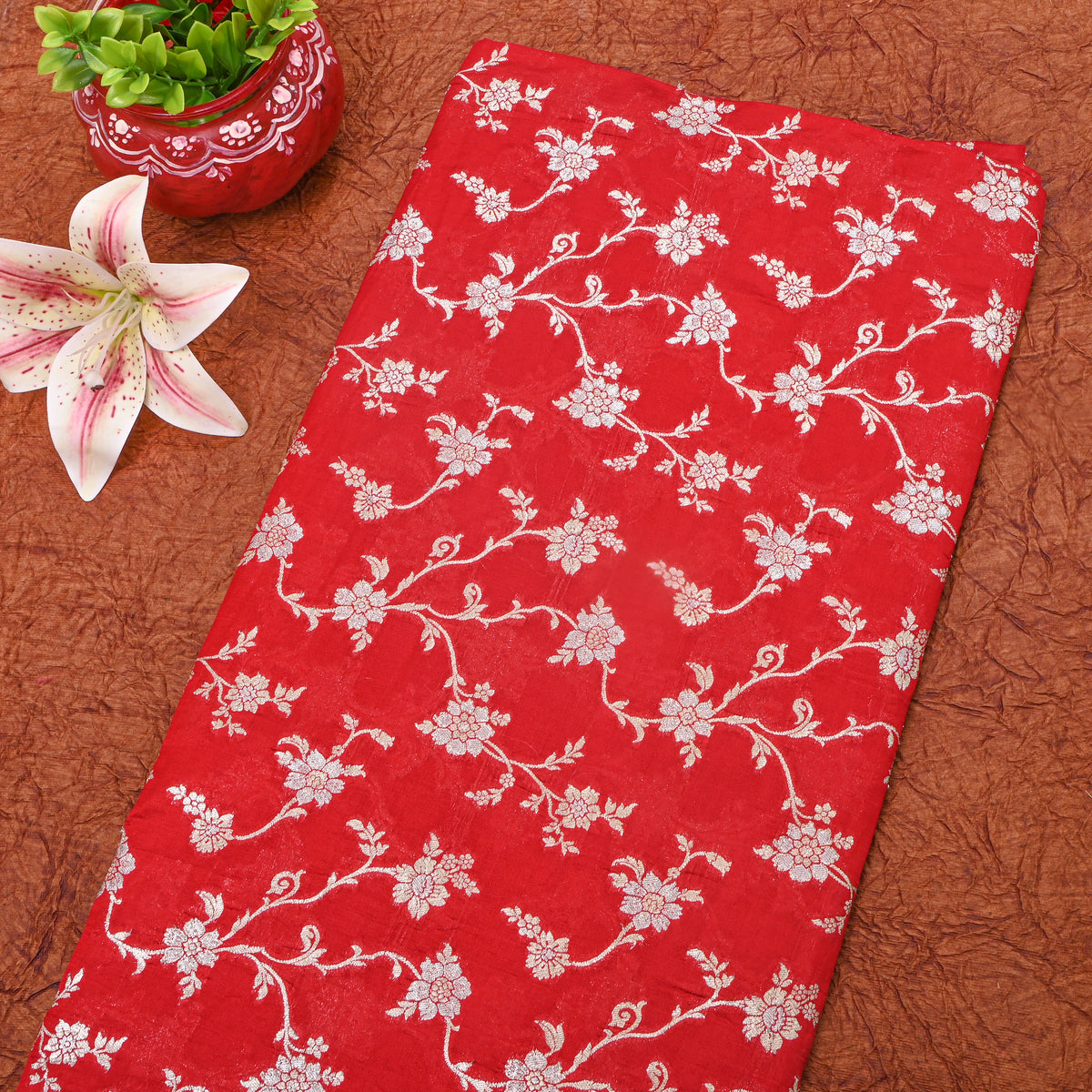 Scarlet Red Gold Zari Floral Banarasi Silk Fabric