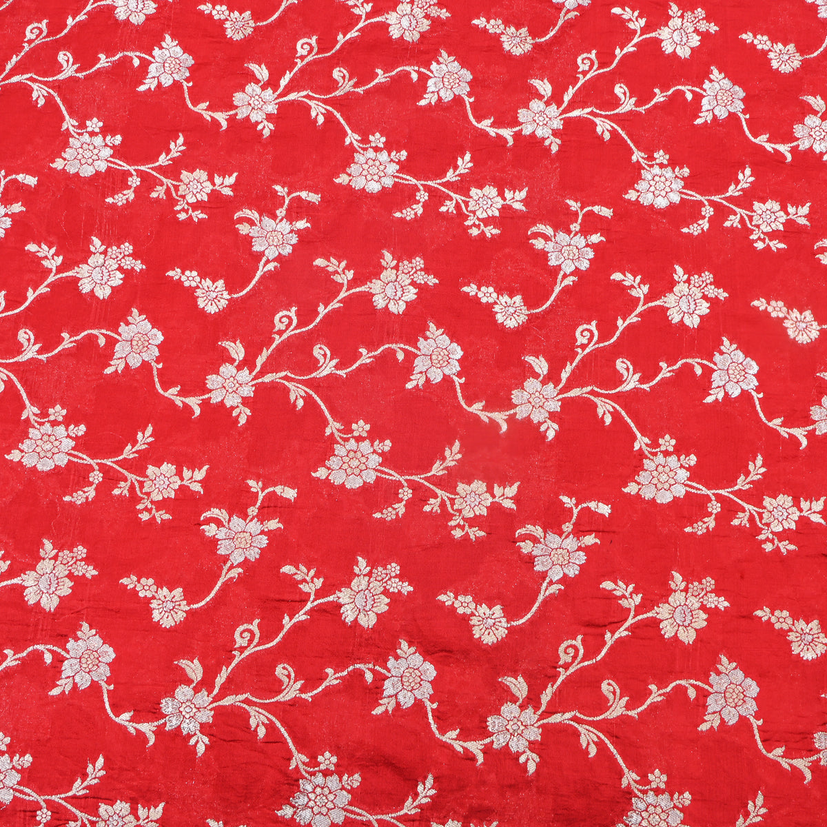 Scarlet Red Gold Zari Floral Banarasi Silk Fabric