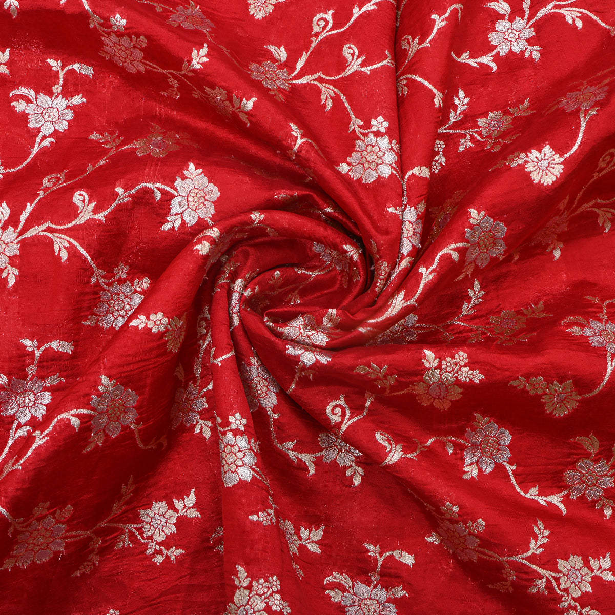 Scarlet Red Gold Zari Floral Banarasi Silk Fabric