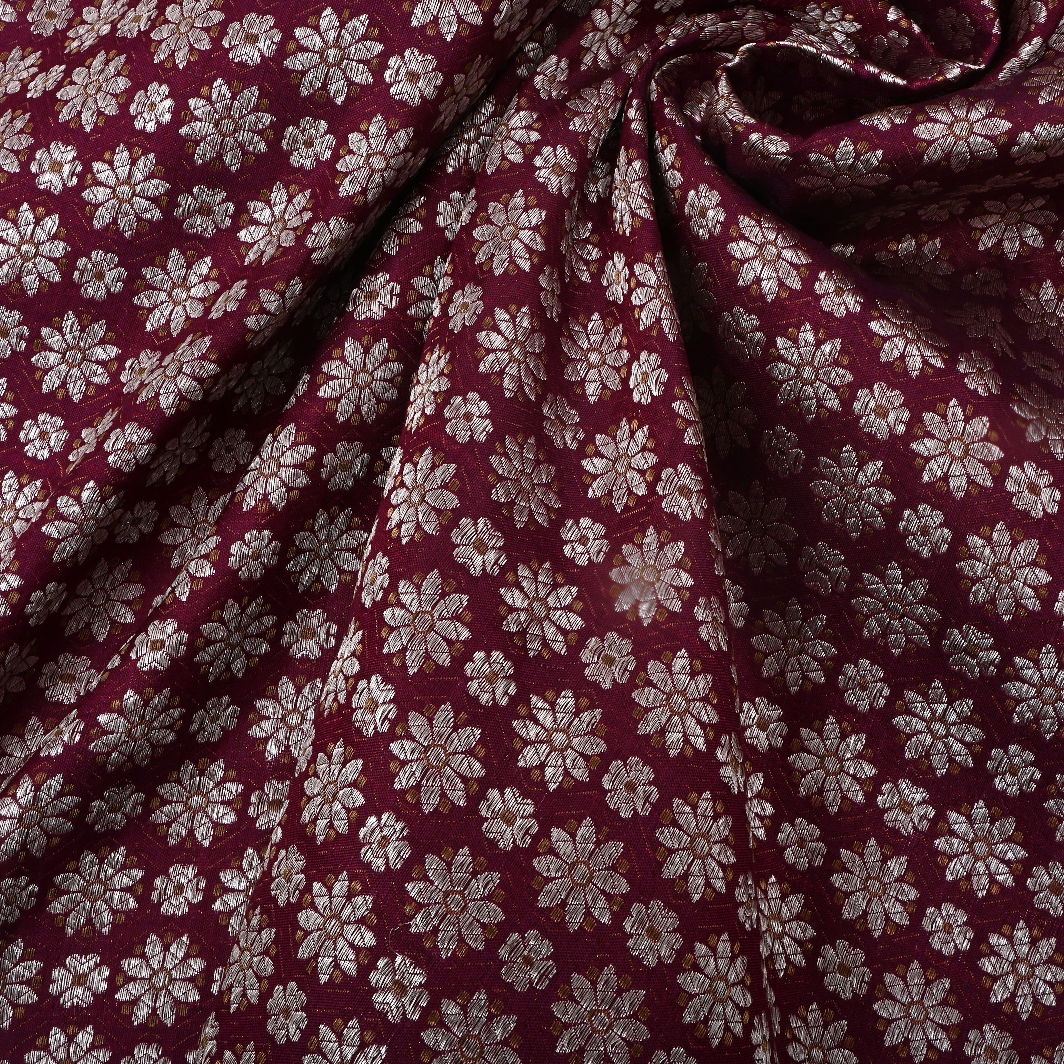 Dark Maroon Jamawar Silk Fabric With Motifs