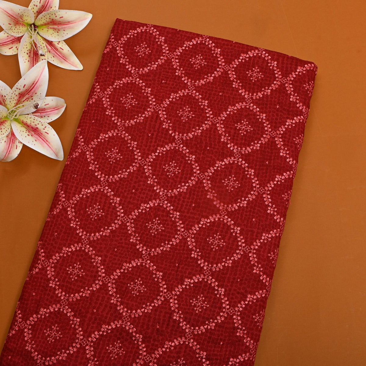 Dark Red Floral Embroidery Tussar Fabric