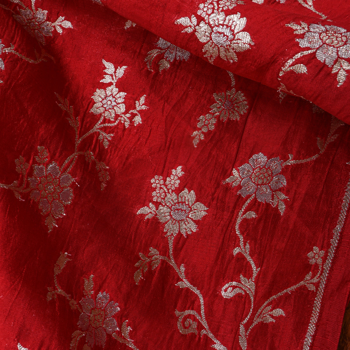 Scarlet Red Gold Zari Floral Banarasi Silk Fabric