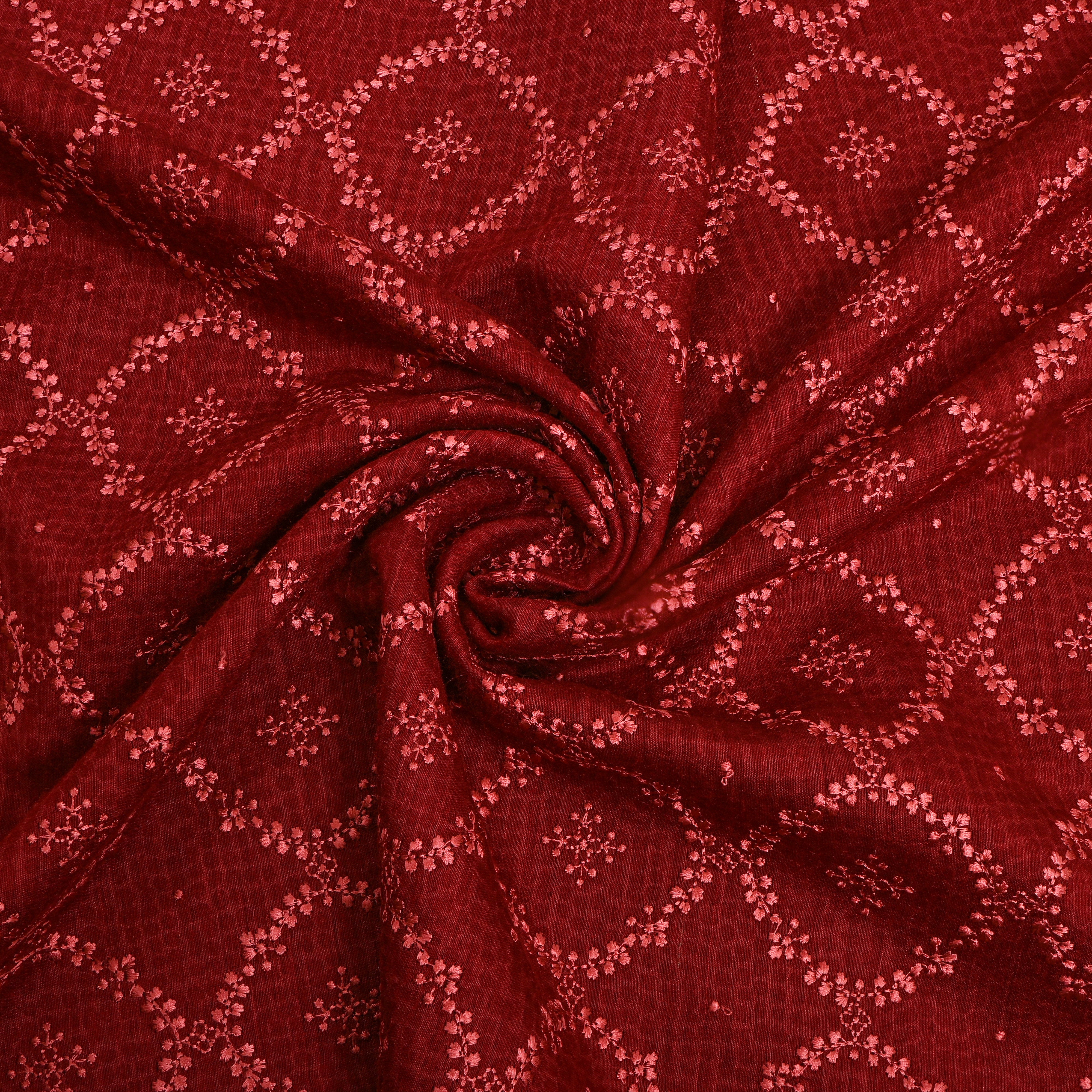 Dark Red Floral Embroidery Tussar Fabric