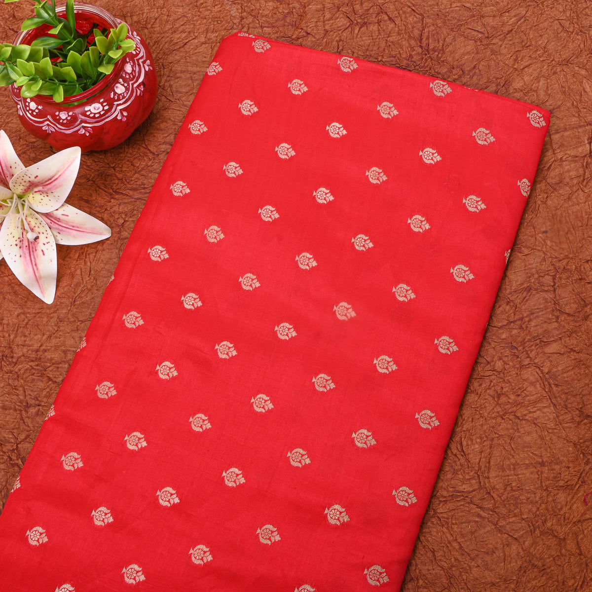Poppy Red Gold Zari Vase Butti Banarasi Silk Fabric