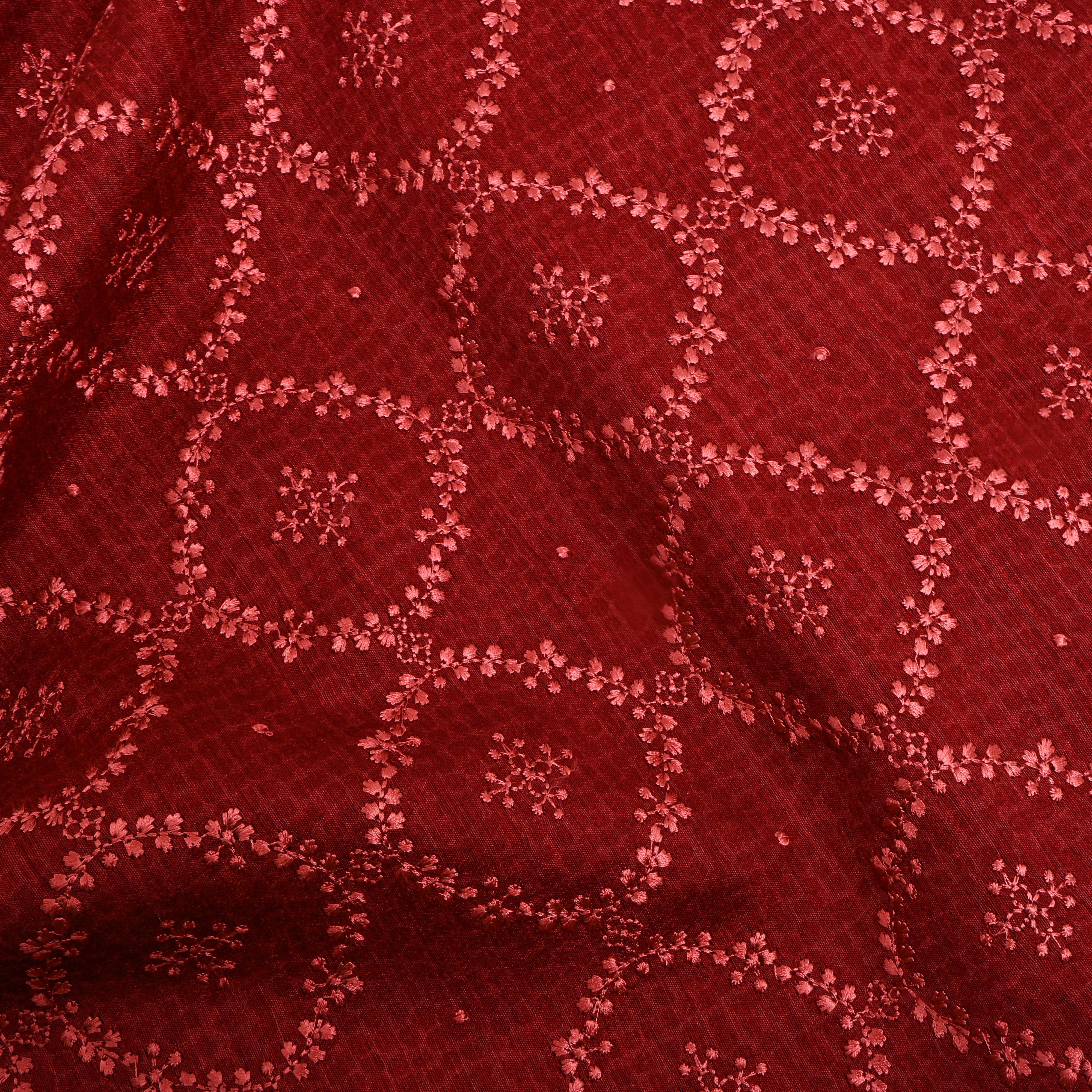 Dark Red Floral Embroidery Tussar Fabric