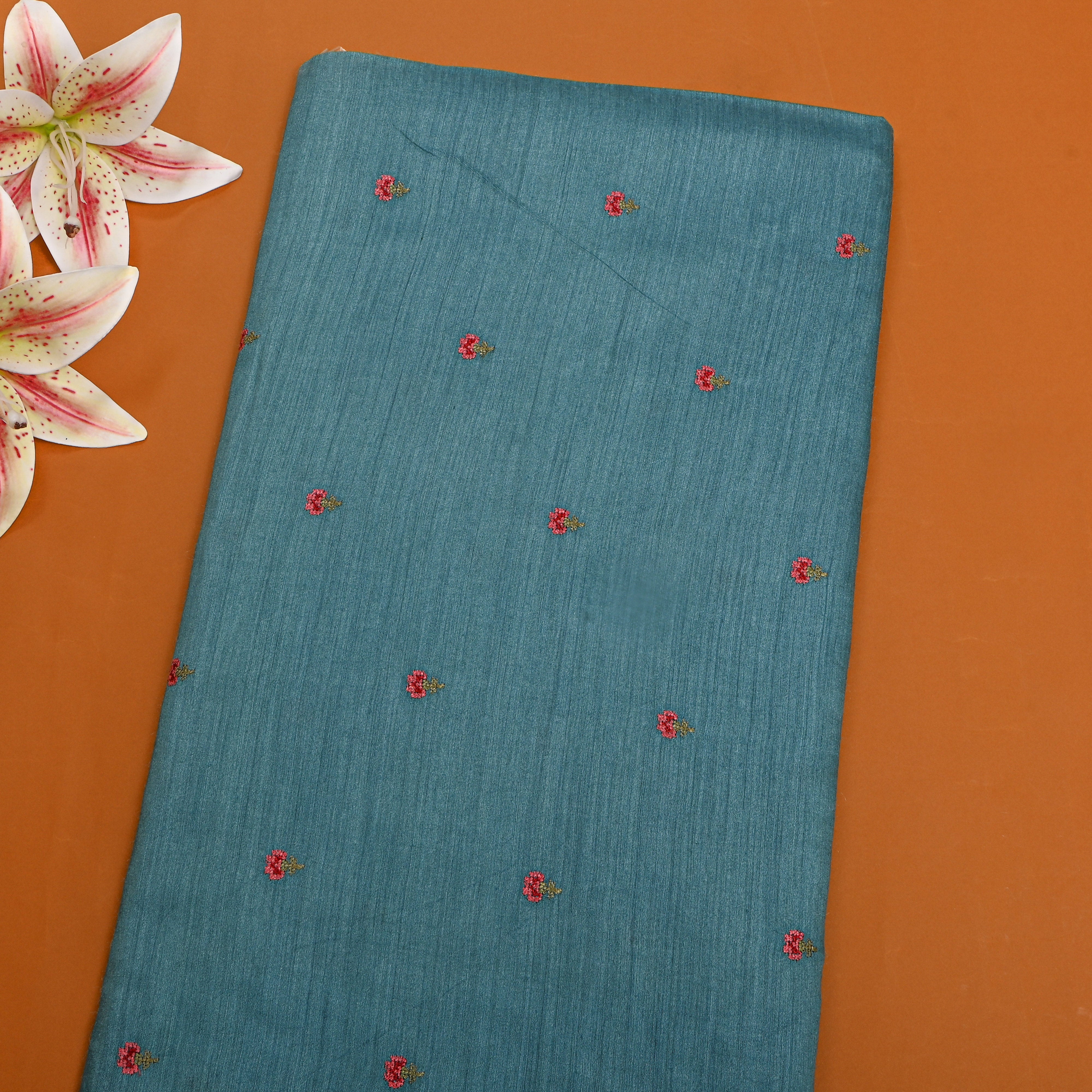 Dark Green Fade Floral Butti Thread Work Tussar Silk Fabric