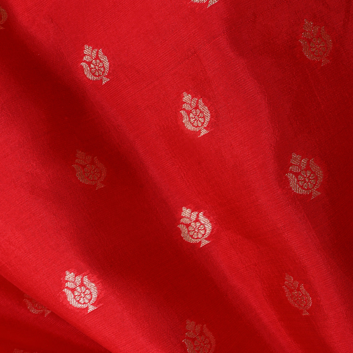 Poppy Red Gold Zari Vase Butti Banarasi Silk Fabric