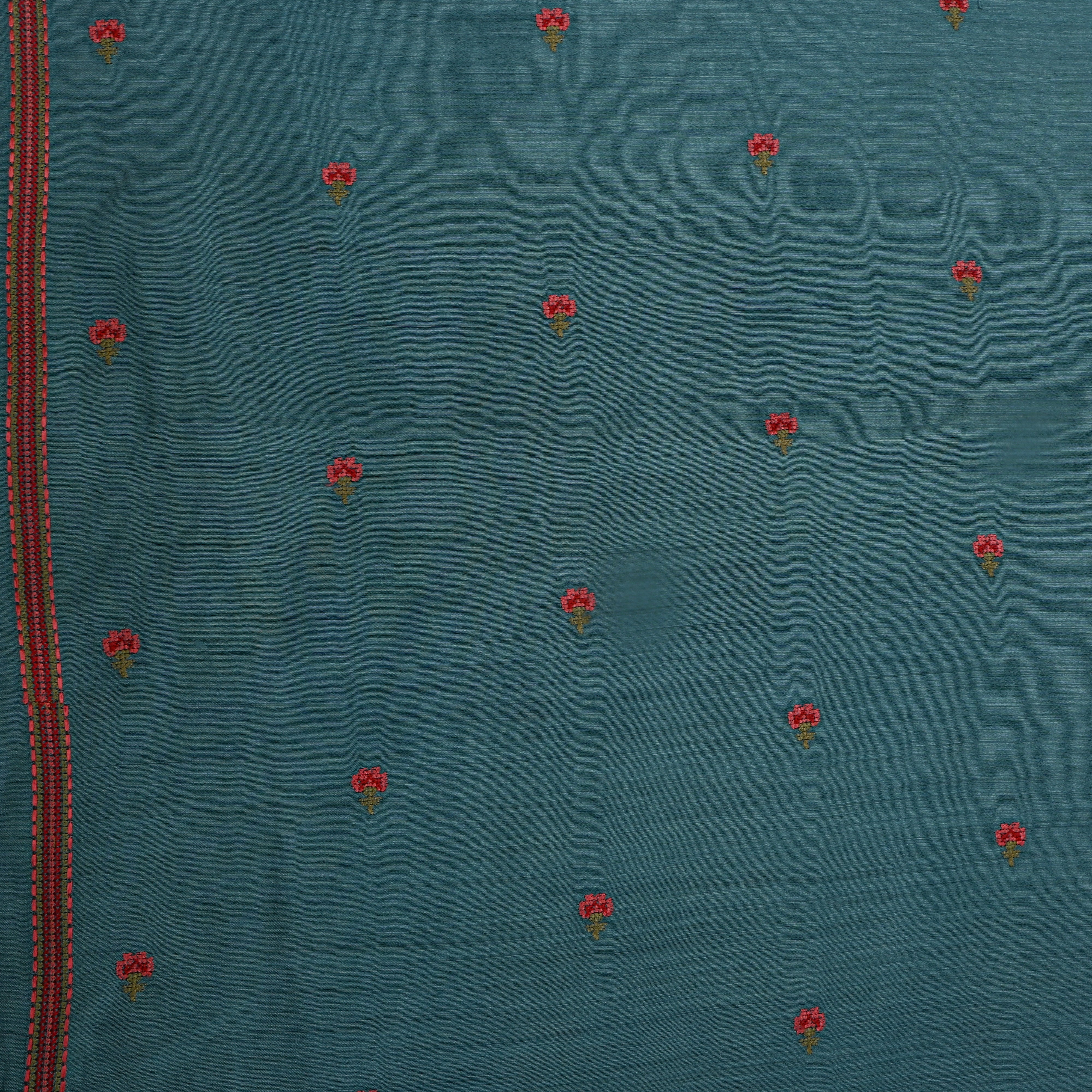 Dark Green Fade Floral Butti Thread Work Tussar Silk Fabric