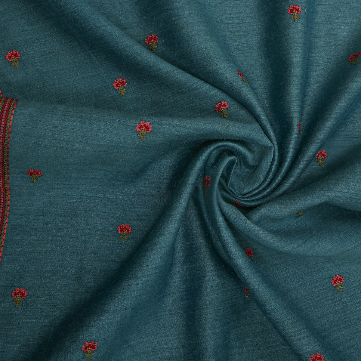 Dark Green Fade Floral Butti Thread Work Tussar Silk Fabric