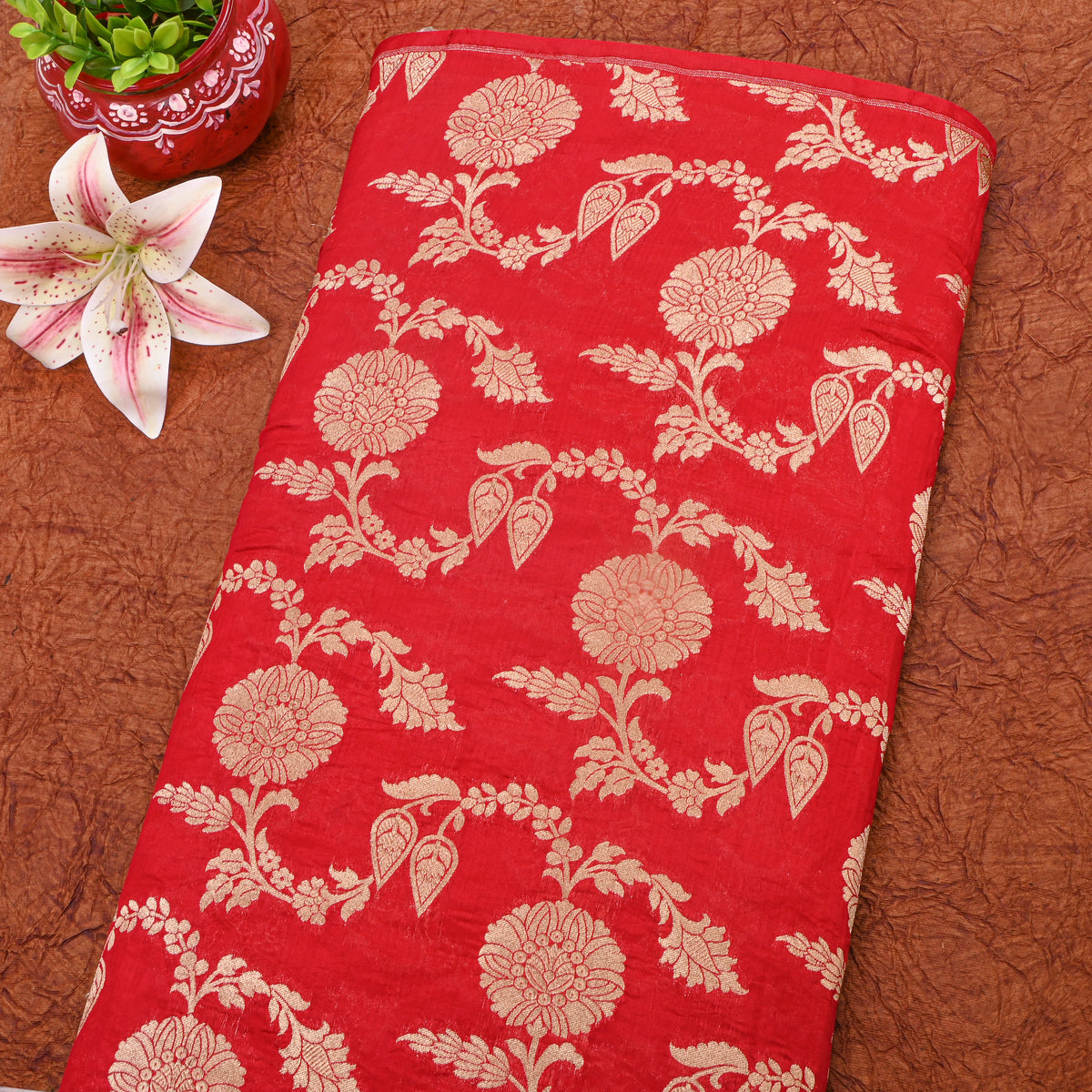 Red Gold Zari Floral Motif Banarasi Silk Fabric