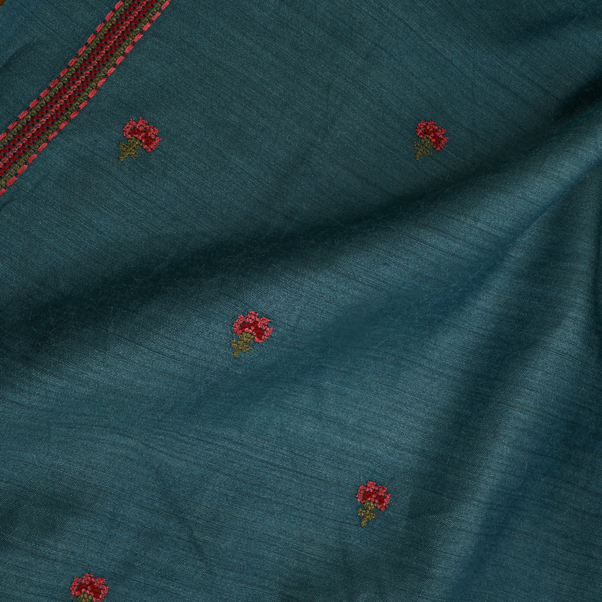 Dark Green Fade Floral Butti Thread Work Tussar Silk Fabric