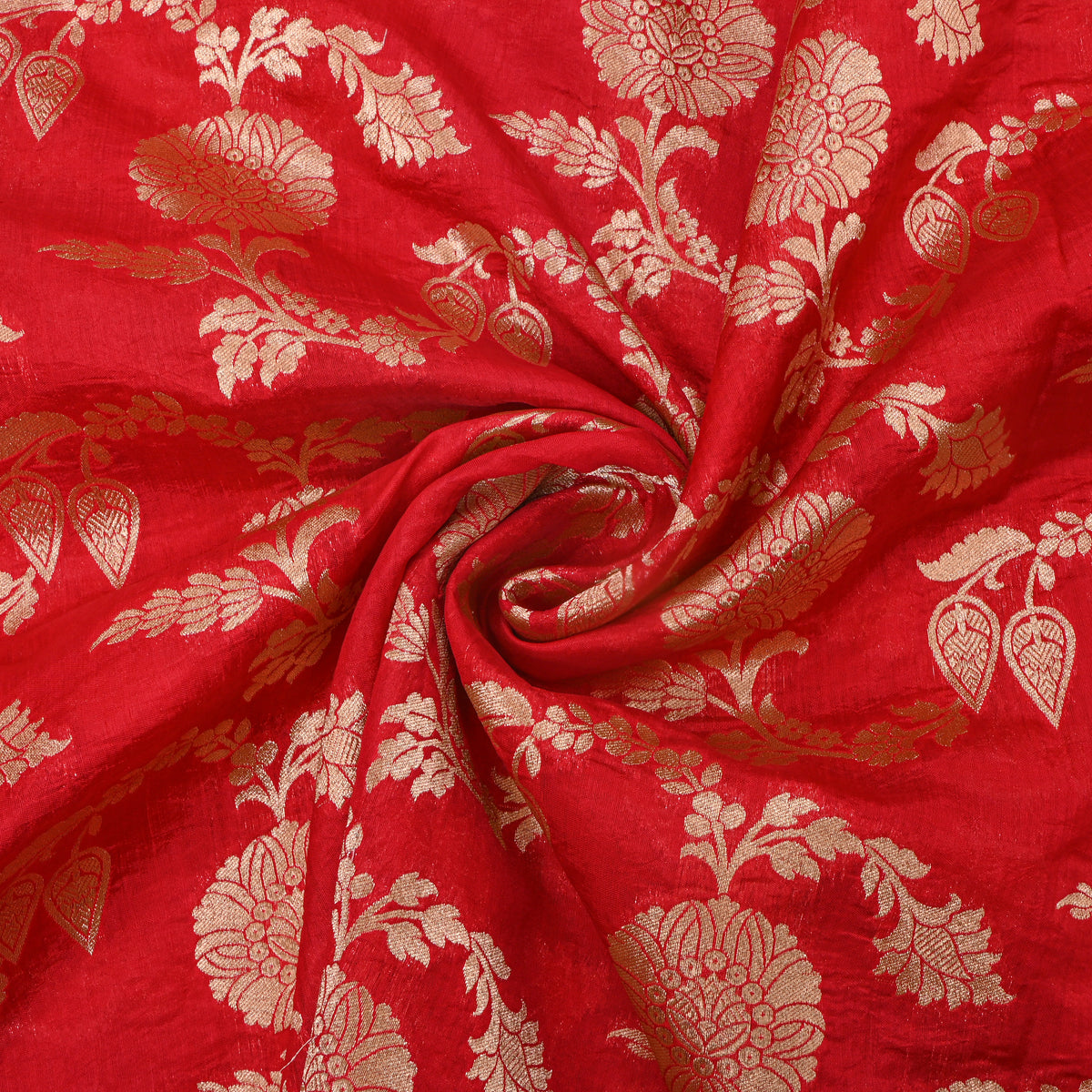 Red Gold Zari Floral Motif Banarasi Silk Fabric