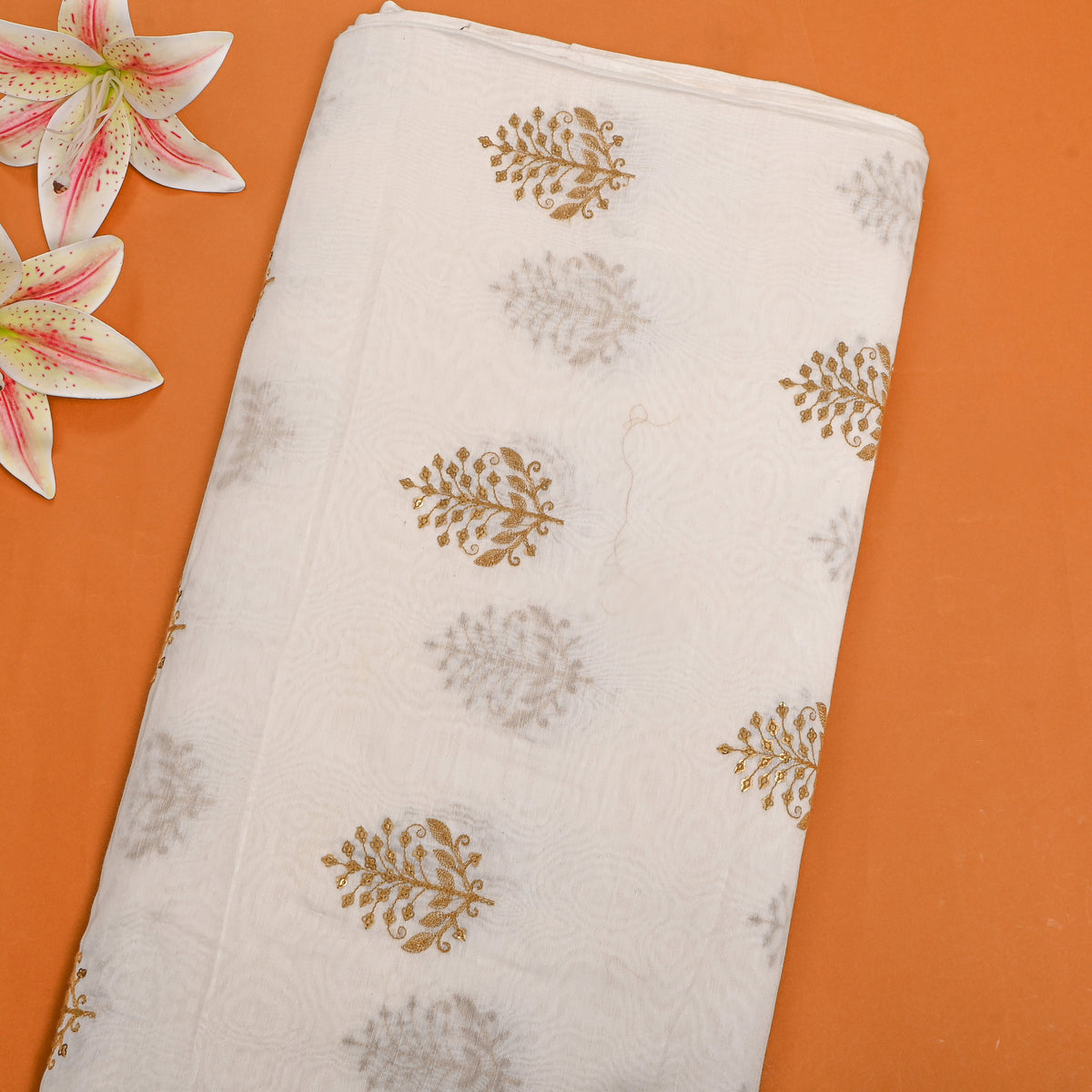 White Gold Floral Booti Chanderi Fabric
