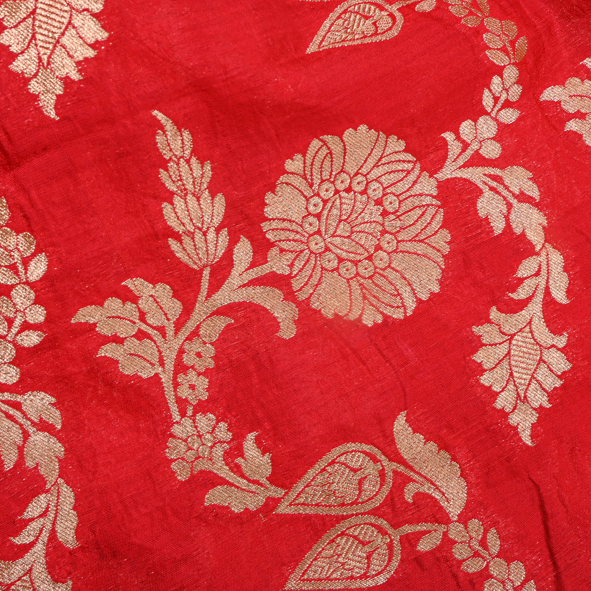 Red Gold Zari Floral Motif Banarasi Silk Fabric